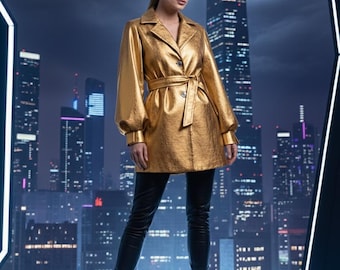 Dames goud metallic echt leer halflang modieus jack – casual trenchcoat met pofmouwen