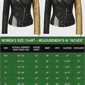 May include: Black and gold studded leather jacket with an asymmetrical zip and a buckled belt. The jacket has gold sleeves and accents. A size chart in inches is included, with measurements.
