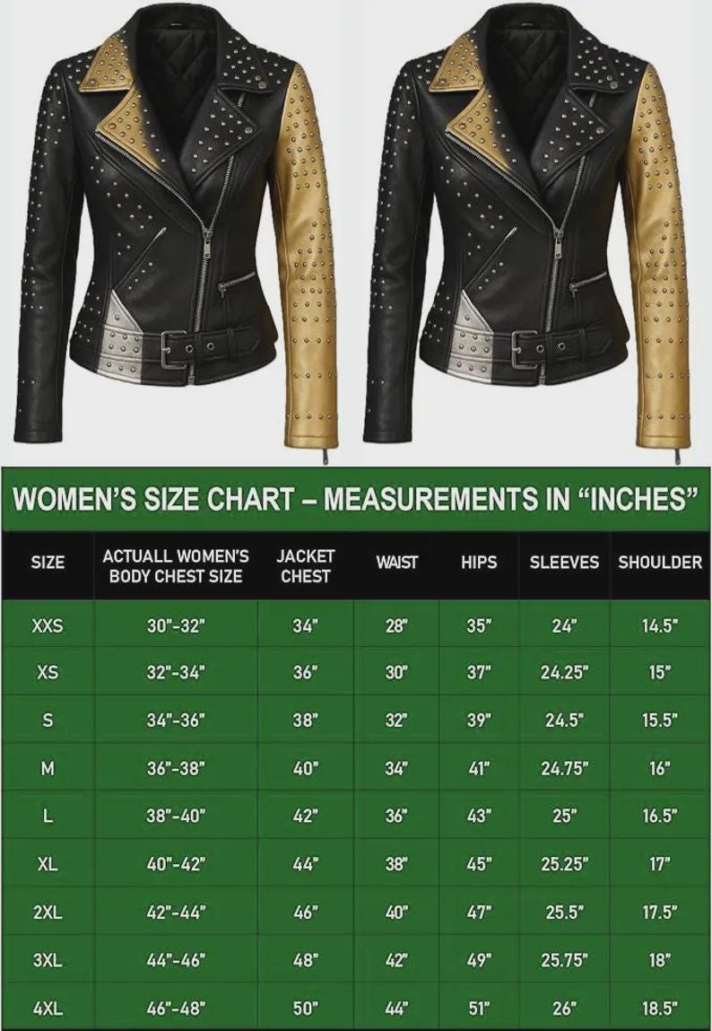 May include: Black and gold studded leather jacket with an asymmetrical zip and a buckled belt. The jacket has gold sleeves and accents. A size chart in inches is included, with measurements.