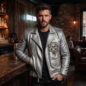 Men's Silver Snakeskin Embossed Leather Jacket-Handmade Skull Snake Patch Motorcycle Gothic Punk Python Streetwear