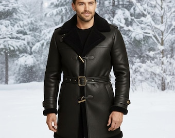 Men Black Shearling Warm Winter Coat / Handmade Faux Fur Real Leather Overcoat