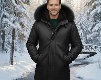 Giacca da uomo in pelle di montone nera di lusso - Cappotto invernale con cappuccio in pelliccia sintetica, giacca calda da esterno