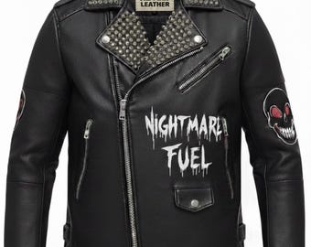 Men’s Gothic Skull Design Leather Jacket–Studded Punk Rock Moto Biker Festival Wear