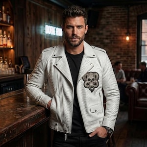 Men's Snakeskin Embossed Leather Jacket-Handmade Skull Snake Patch Motorcycle Gothic Punk Python Streetwear