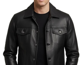 Casual truckerstijl heren modejack van echt leer, klassiek motorbikerzwart shirt