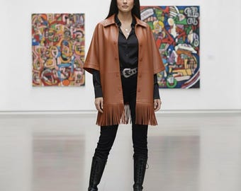 Bruin echt leren cape damesjack met franje – poncho western cowgirl