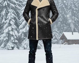 Men's Handmade Shearling Long Coat -Winter Faux Fur Black Sheepskin Genuine Leather Jacket