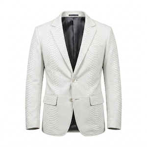 Men's White Snakeskin Embossed Genuine Leather Blazer-Luxury Python Texture Handmade Formal Fashion Coat