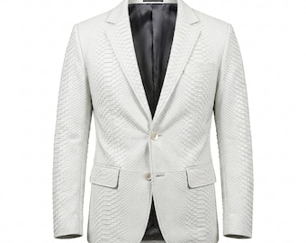 Men's White Snakeskin Embossed Genuine Leather Blazer-Luxury Python Texture Handmade Formal Fashion Coat