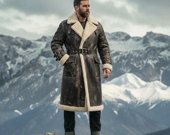 Men's Rugged Sheepskin Aviator Coat, Distressed Black Shearling Leather Trench, Fur Lined Winter Jacket
