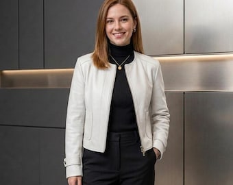 Women's Handmade White Collarless Genuine Leather Cropped Jacket-Minimalist Zip-Up Blazer Korean Style Biker Jacket