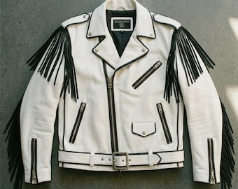 Handgemaakt echt leren herenjack met westernfranje – rodeo-cowboystijl Punk Rockstar Motorcycle Streetwear