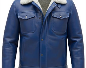 May include: A blue leather jacket with a white shearling collar and cuffs. The jacket has two chest pockets with button closures, a front zipper, and button closures down the front. The jacket's interior is a gray color.