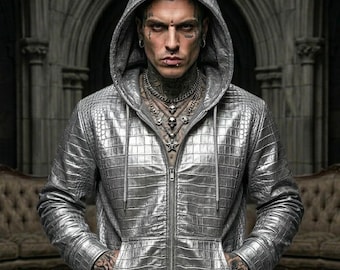 Herenhoodie zilver metallic krokodil reliëf echt leer - gothic streetwear punk rock bikerjack