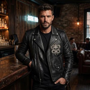 Men's Black Snakeskin Embossed Leather Jacket-Handmade Skull Snake Patch Motorcycle Gothic Punk Python Streetwear