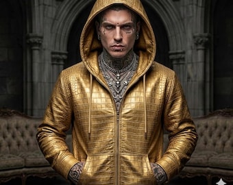 Goudmetallic krokodillenreliëf herenhoodie van echt leer - gothic streetwear punkrock bikerjack