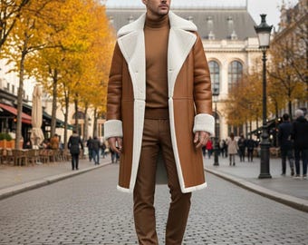 Men White Shearling Leather Coat-Real Sheepskin Winter Jacket-Winter wear Fur Lined Leather Overcoat
