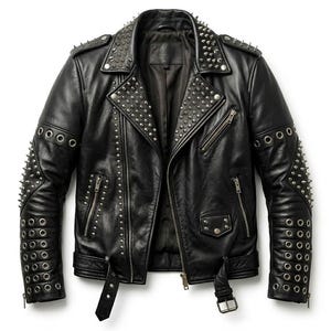 May include: A black leather motorcycle jacket featuring silver-toned metal studs on the lapels and shoulders. The sleeves are adorned with rows of silver metal grommets and spikes. It includes multiple zippered pockets, a front zipper closure, and a buckled belt at the waist.
