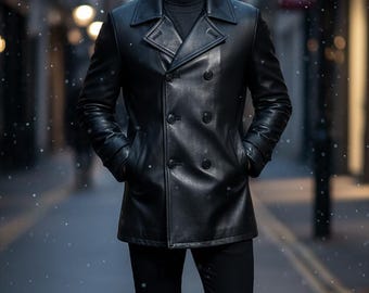 Men Handmade Black Real Leather Peacoat – Vintage Style Leather coat