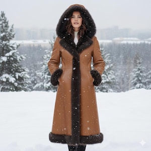 Brauner Maxi-Mantel für Damen in voller Länge - Luxus-Winter-Kapuzenjacke aus Kunstpelz-Schaffell