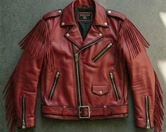 Handgemaakt echt leren herenjack met westernfranje – rodeo-cowboystijl Punk Rockstar Motorcycle Streetwear