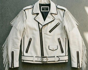 Handgemaakt echt leren herenjack met westernfranje – rodeo-cowboystijl Punk Rockstar Motorcycle Streetwear