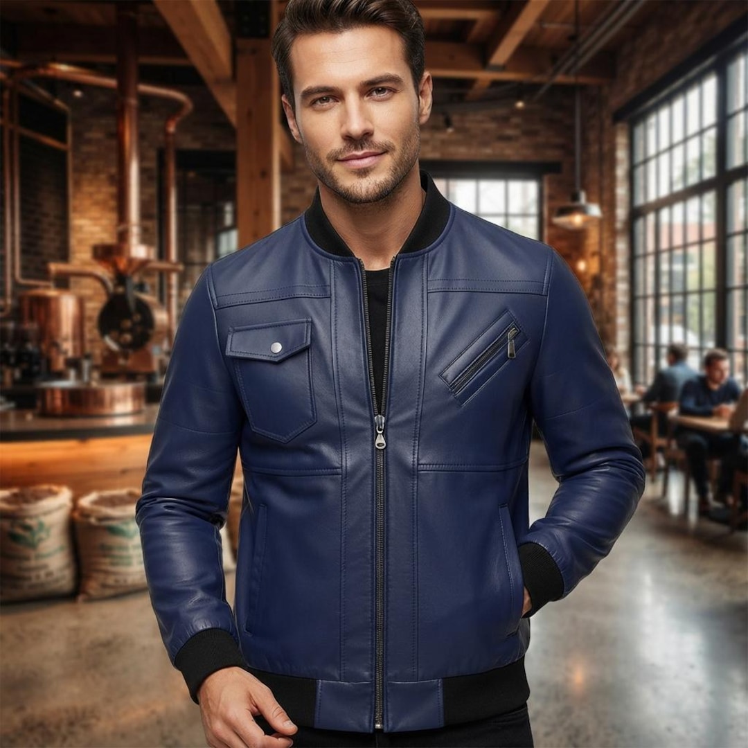 Men's Jacket Sサイズ Genuine Leather Bomber Zip up Jacket-blue Motorcycle Biker Ribbed