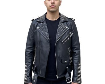 Handmade Men’s Hardcore Punk Rivet Studded & Spiked Rockstar Style Moto Biker Genuine Leather Jacket