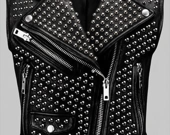 Men's Brando Black Real Leather Punk Vest - Fully Studded Gothic Fashion Biker Rockstar Vest
