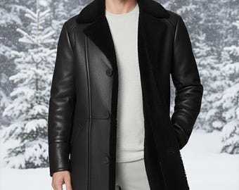 Men’s Black Shearling Leather Trench Coat | Genuine Sheepskin Overcoat