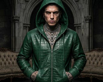 Groene herenhoodie met krokodillenreliëf en echt leer - Gothic Streetwear punkrock-bikerjack