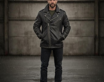 Herren Black Distressed Leather Moto Jacket - Vintage Biker Style Motorradmantel