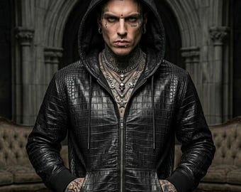 Zwarte herenhoodie met krokodillenreliëf en echt leer - gothic streetwear punkrock bikerjack