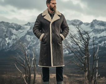 Men’s Distressed Black Shearling Coat – Genuine Leather Long Winter Jacket, Warm Fur Lined Overcoat