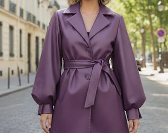 Halflang mode-damesjack van echt leer – gepofte mouwen winter casual trenchcoat