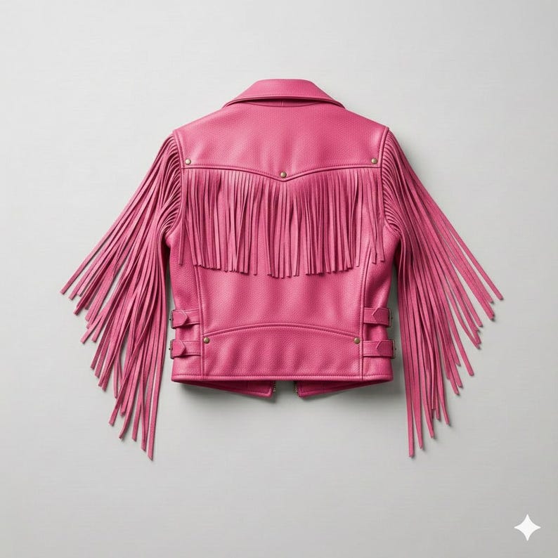 May include: A bright pink leather jacket with long fringe detailing on the sleeves and back. The jacket has a classic collar, snap closures, and metal studs. This stylish outerwear piece is a bold fashion statement.