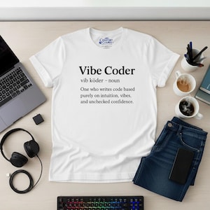 Peut inclure: T-shirt blanc avec le texte "Vibe Coder" et sa définition. Le t-shirt est posé sur une surface en bois avec un ordinateur portable, un casque, un clavier, un jean et des tasses à café.
