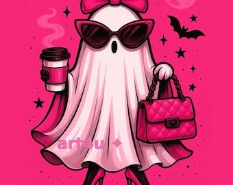 Halloween Ghost PNG, Pink Cute Ghost Clipart, Spooky Boujee PNG for T-Shirt Sublimation, Stickers & Mug Designs