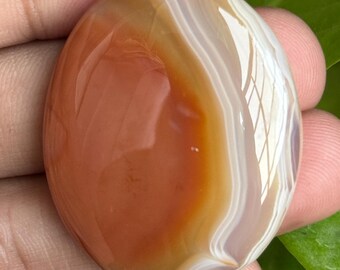 May include: Oval-shaped agate stone with bands of orange, white, and brown. The polished gemstone is held in a hand, with green leaves in the background. The stone's surface reflects light, showcasing its natural patterns.