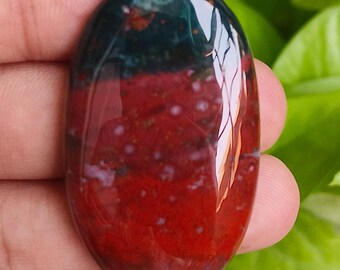 Puede incluir: Gema ovalada pulida. La base es de color rojo intenso con inclusiones blancas y verde oscuro. La parte superior es de color verde oscuro, que pasa al rojo. La gema se sostiene en una mano, con follaje verde en el fondo. Superficie brillante.