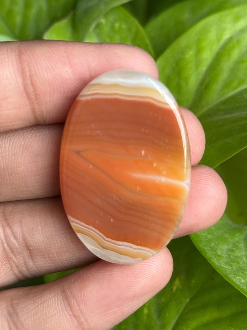May include: An oval-shaped gemstone with a polished surface. The stone features bands of orange, white, and cream colors. The gemstone is held in a hand, with green foliage in the background. This stone could be used for jewelry or other crafts.