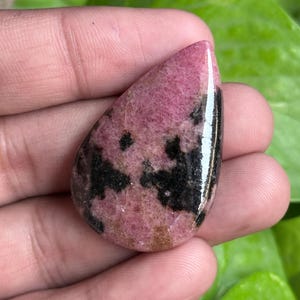 K&ouml;nnte beinhalten: Ein polierter, tropfenf&ouml;rmiger Edelstein mit einem rosa und schwarzen Muster. Der Stein hat eine gl&auml;nzende Oberfl&auml;che und wird in einer Hand vor einem Hintergrund aus gr&uuml;nem Laub gehalten. Die rosa Bereiche haben ein gesprenkeltes Aussehen.