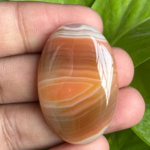 May include: Oval-shaped polished gemstone with bands of orange, brown, and white. The stone has a glossy finish and is held against a backdrop of green leaves. The gemstone is smooth and appears to be a natural stone.