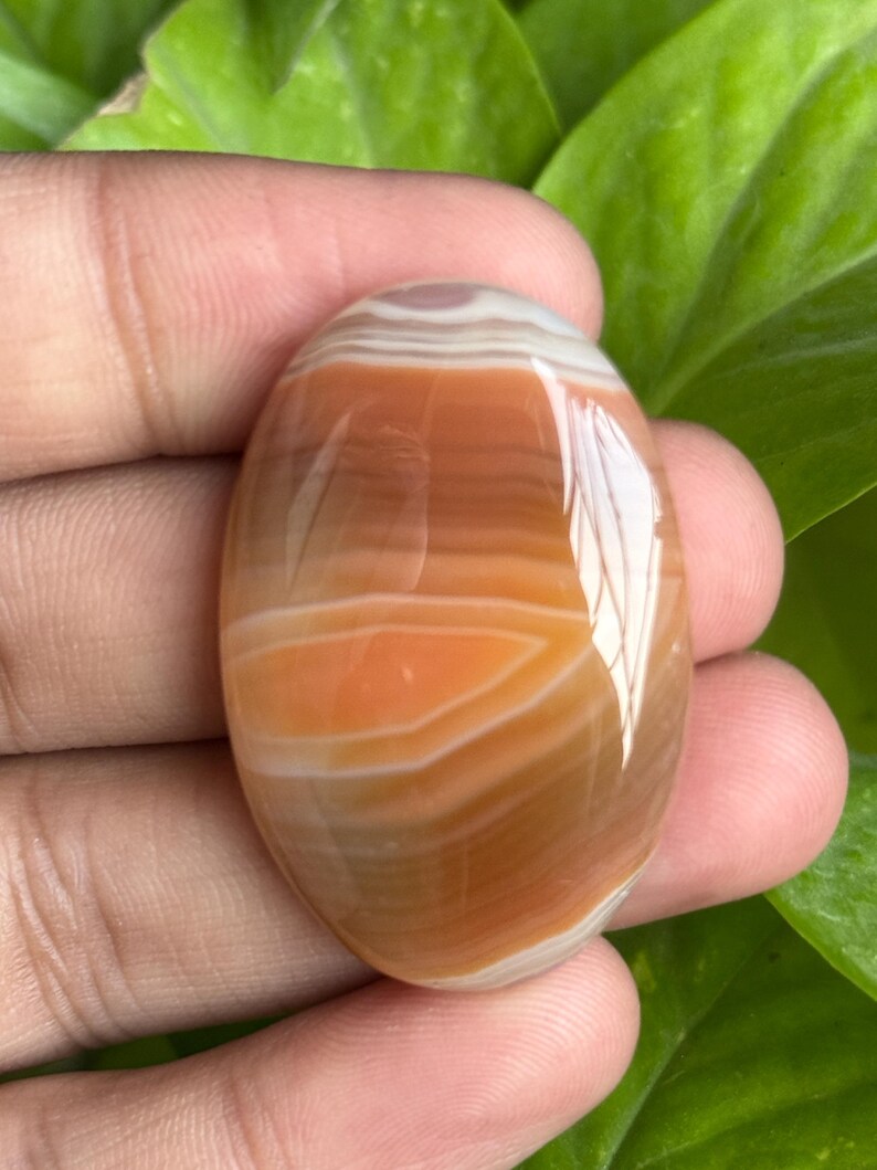 May include: Oval-shaped polished gemstone with bands of orange, brown, and white. The stone has a glossy finish and is held against a backdrop of green leaves. The gemstone is smooth and appears to be a natural stone.