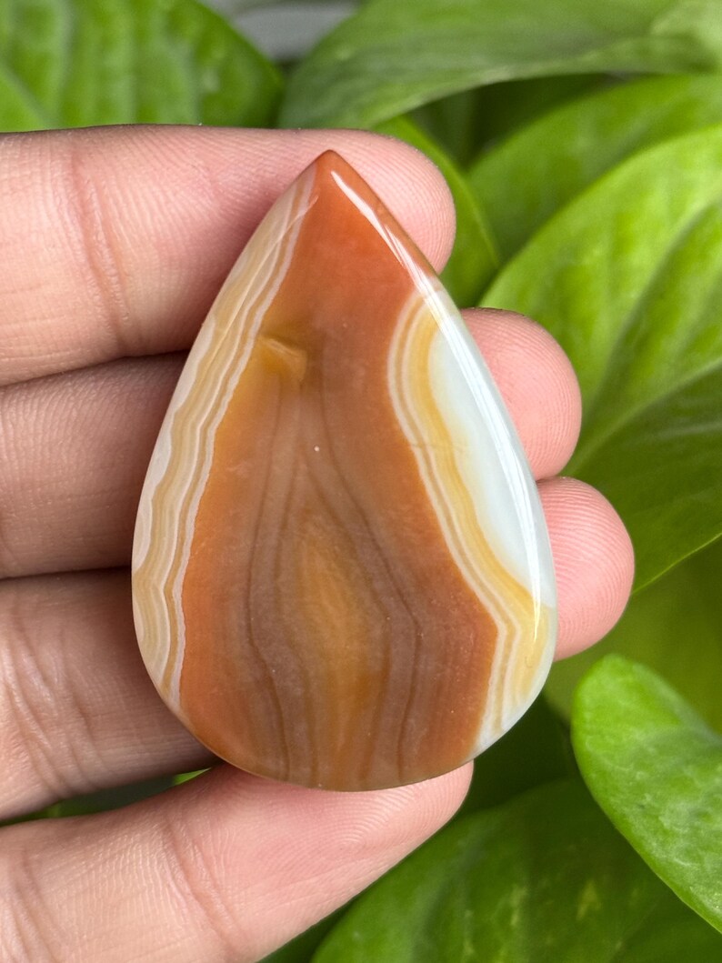 May include: A teardrop-shaped gemstone with a polished surface. The stone features bands of orange, brown, and white, creating a layered effect. The gemstone is held in a hand, with green foliage in the background.