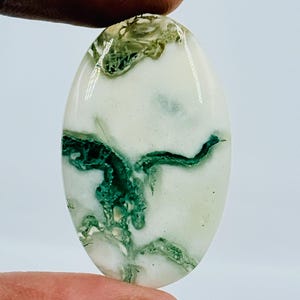 May include: An oval-shaped cabochon gemstone featuring a smooth, polished surface with a creamy white base color and distinct, branching dark green inclusions that resemble mossy patterns spread across the stone's face in a natural formation.