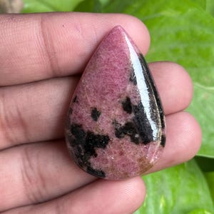 K&ouml;nnte beinhalten: Ein polierter, tropfenf&ouml;rmiger Edelstein mit rosa Grundfarbe und schwarzen und braunen Einschl&uuml;ssen. Der Stein wird in einer Hand gehalten, mit gr&uuml;nem Laub im Hintergrund. Der Edelstein hat eine gl&auml;nzende Oberfl&auml;che.