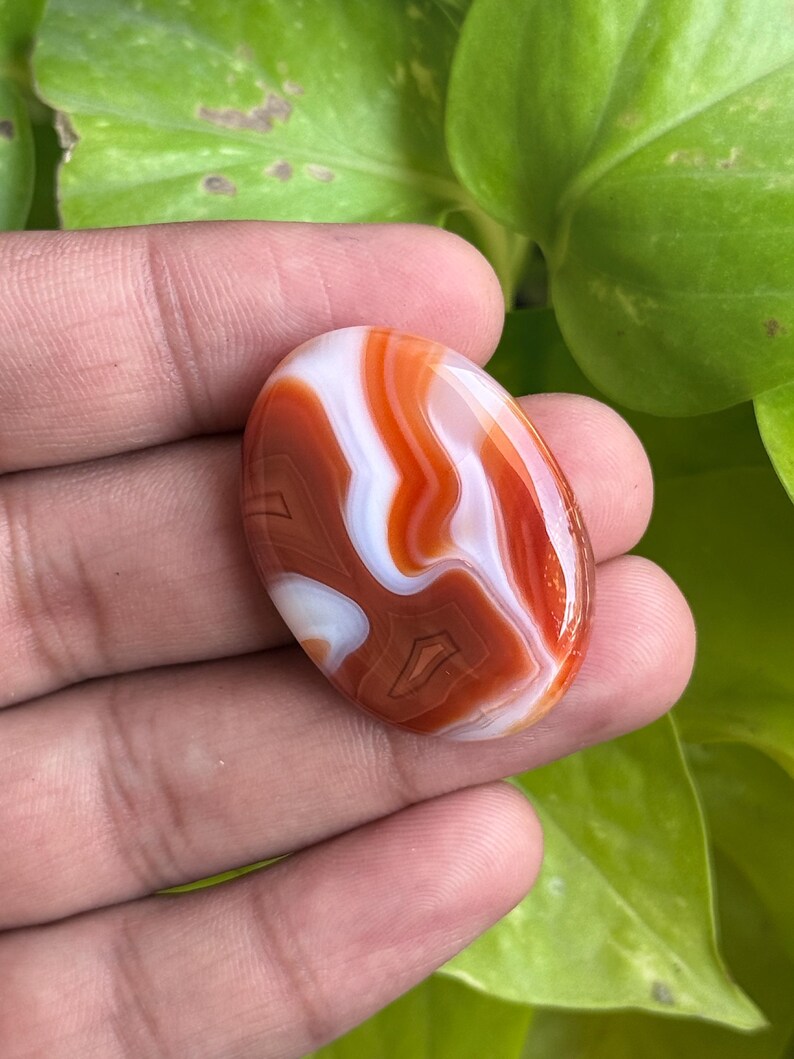 May include: An oval-shaped cabochon gemstone featuring smooth, polished layers of vibrant orange, deep reddish-brown, and opaque white banding. The stone has a glossy, reflective surface that highlights the intricate, flowing patterns within the mineral structure.