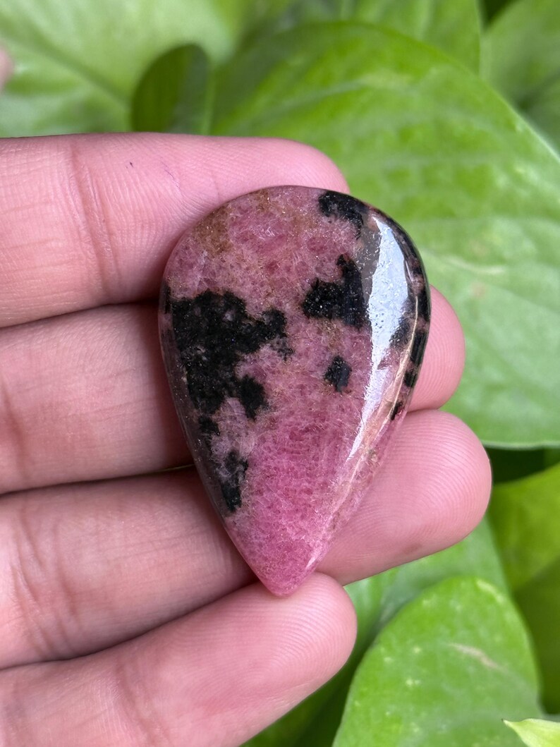 K&ouml;nnte beinhalten: Ein polierter, tropfenf&ouml;rmiger Edelstein mit einem rosa und schwarzen Muster. Der Stein hat eine gl&auml;nzende Oberfl&auml;che und wird in einer Hand vor einem Hintergrund aus gr&uuml;nem Laub gehalten. Die rosa Farbe dominiert, mit schwarzen Einschl&uuml;ssen.