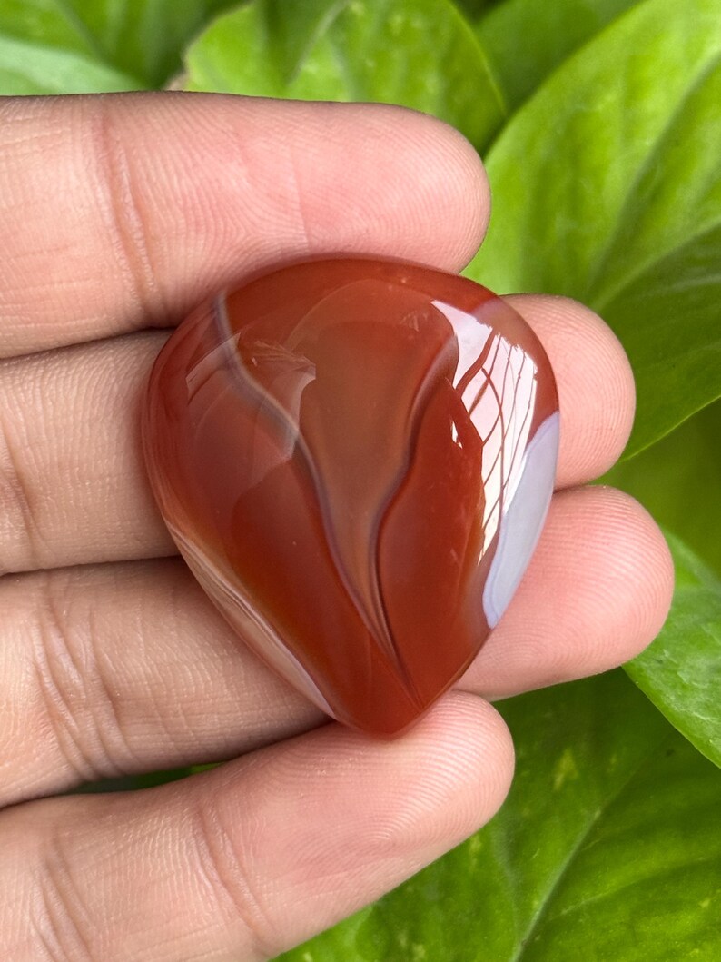 May include: A polished, teardrop-shaped gemstone with a rich, reddish-brown hue, accented by swirling bands of lighter brown and a touch of white. The stone is held in a hand, with green foliage in the background.